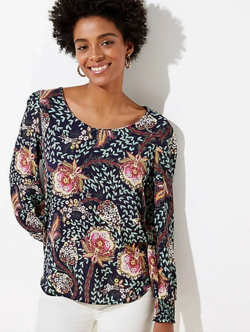 LOFT Forever Navy Paisley Floral Smocked Cuff Blouse M Dark Romantic Boho